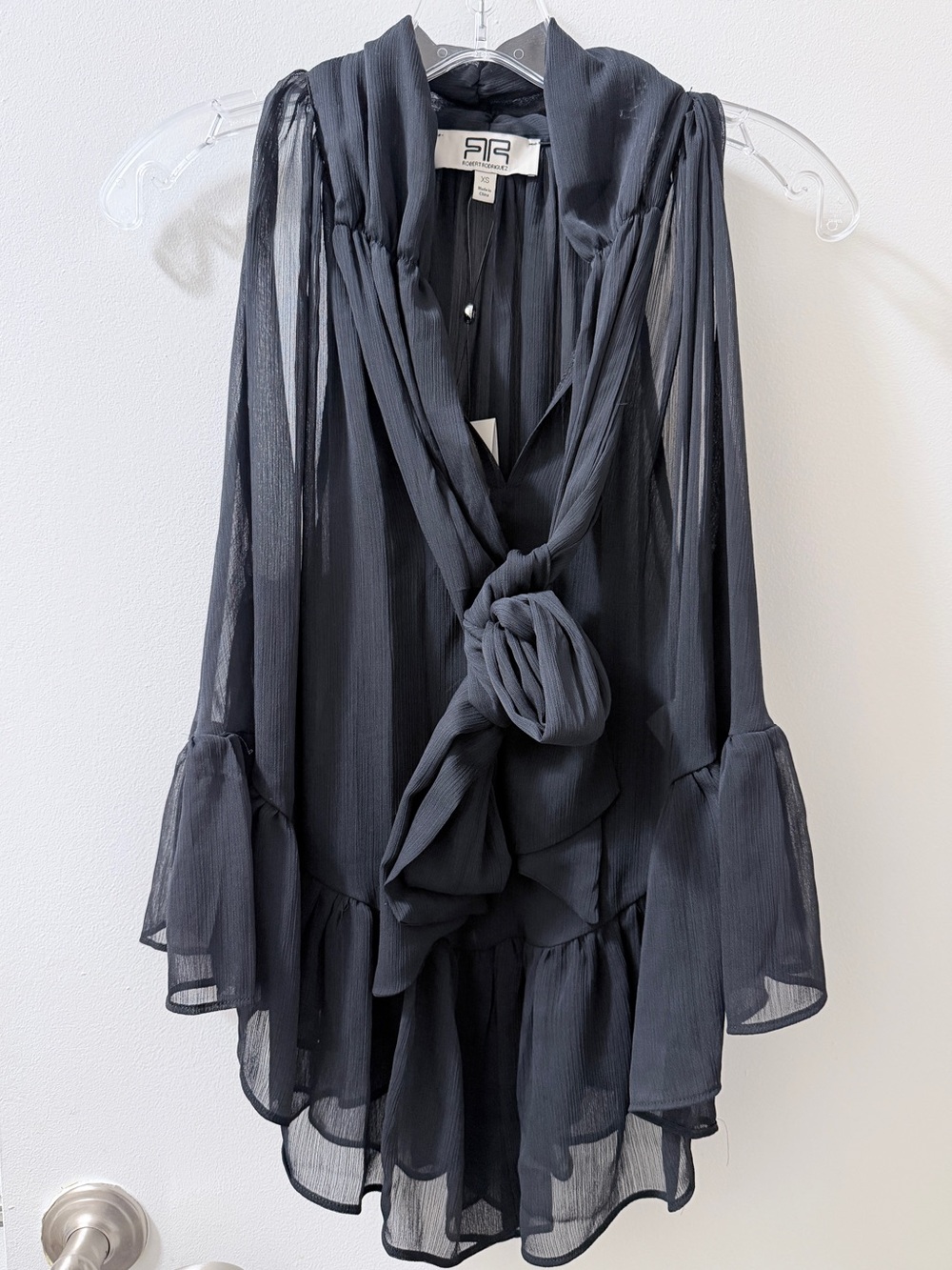Robert Rodriguez Black Sheer Tie-Neck Blouse